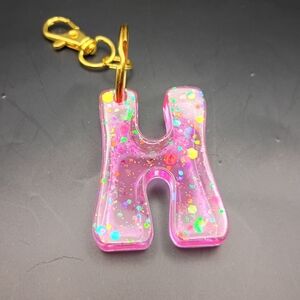 Handmade Pink Neon Fluorescent Glitter Letter H Initial Keychain With Gold Clasp